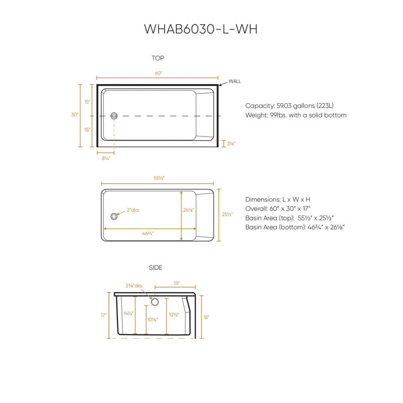 Whitehaus Collection 60" x 30" Alcove Soaking Bathtubs With Drain Hole Options, Left