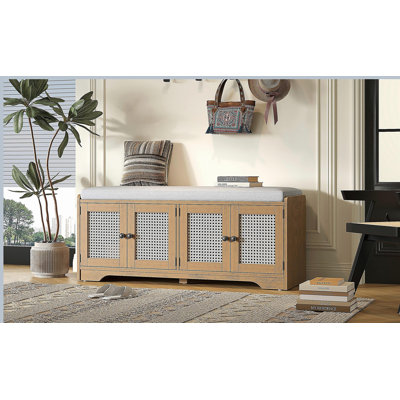 Rustic Storage Bench Multifunctional Wood Entryway Shoe Bench with Removable Cushion, Woven Rattan Doors & Adjustable Shelves