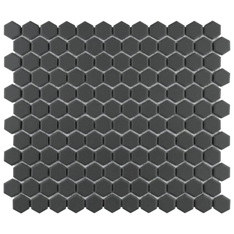 Metropolis 1" Hex Unglazed Black 10-1/4" x 12" Porcelain Mosaic Floor and Wall Tile