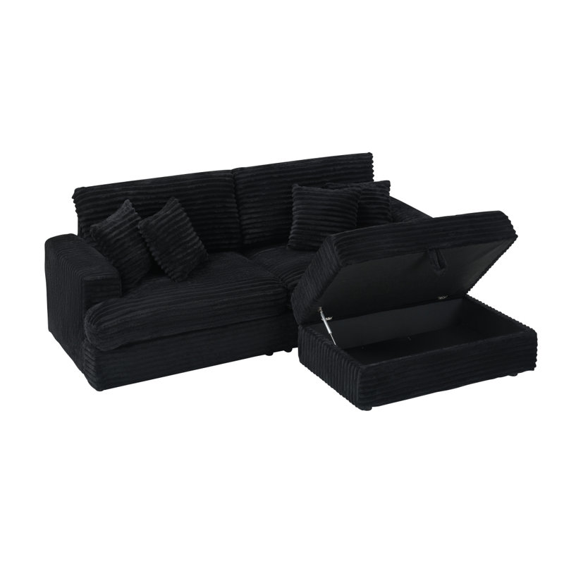 79.3''Modern Corduroy L-Shaped Sectional Sofa with Ottoman, 31" H x 82" W x 34" D, Black