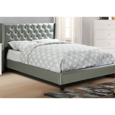 Contemporary Full Bed With Silver Faux Leather Upholstery And Headboard Design Bedroom Upholstered Feature