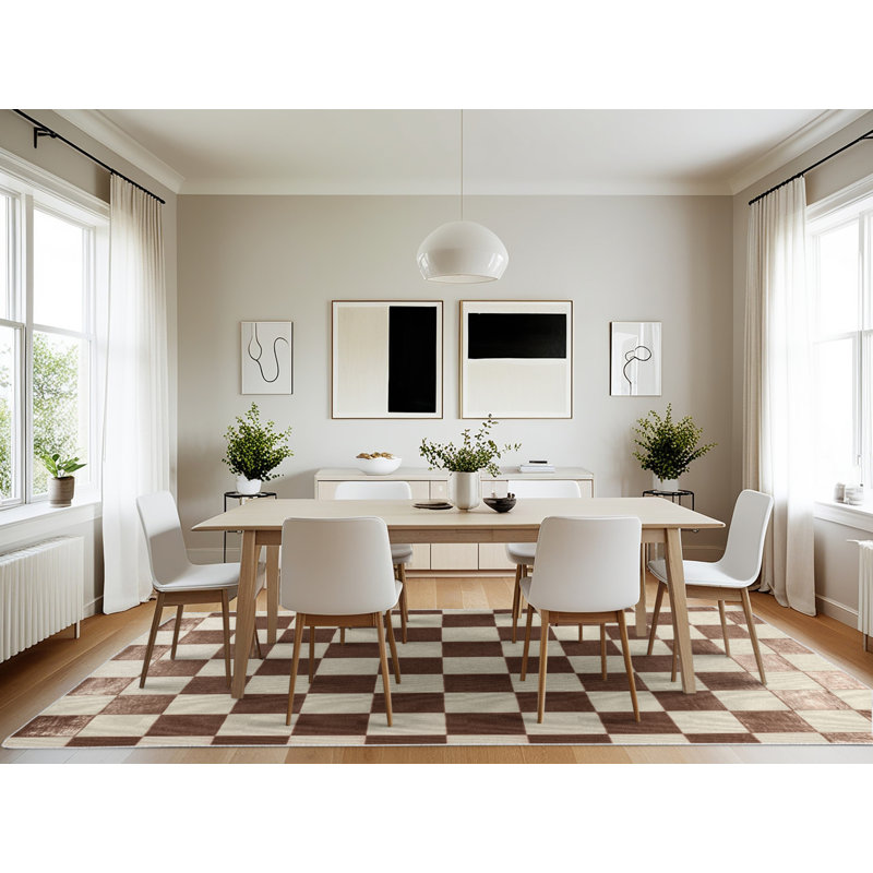 Tapis beige à carreaux lavable à la machine, Rectangle 7 pi x 10 pi