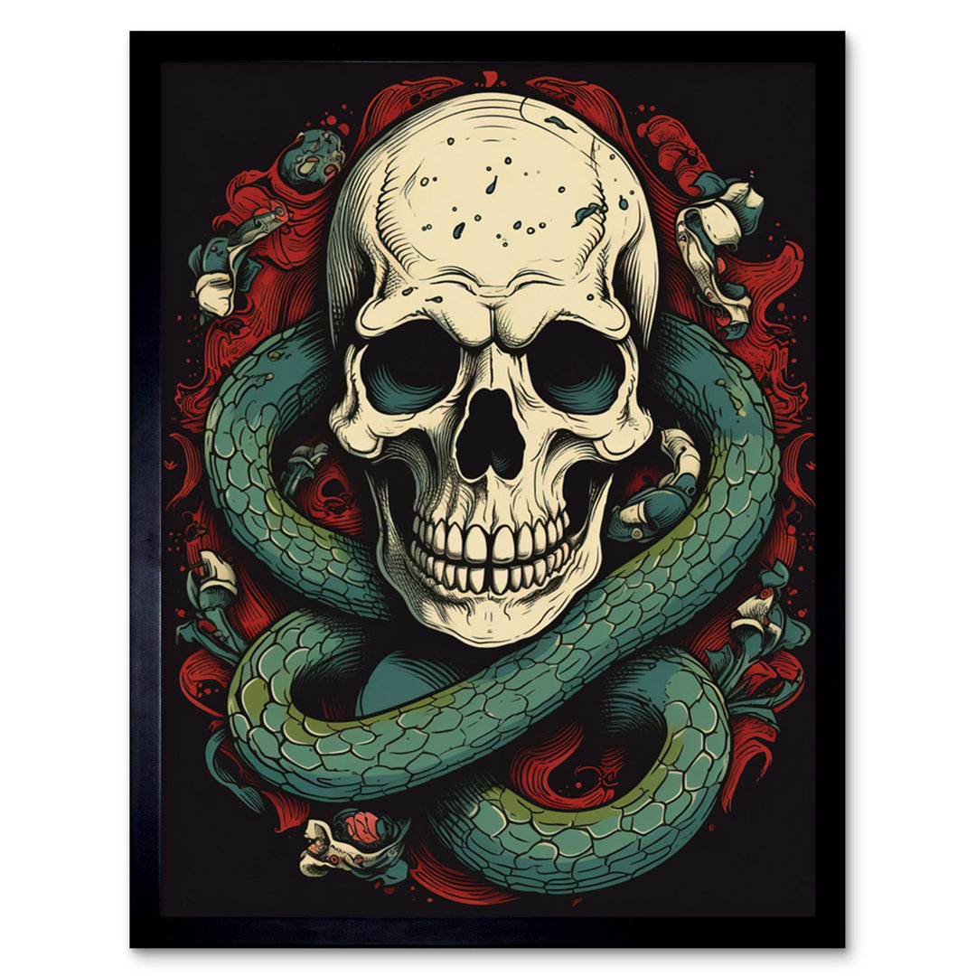 Berny Skull Snake And Flowers Tattoo Ink Body Art Rockabilly Americana - Single Picture Frame Print