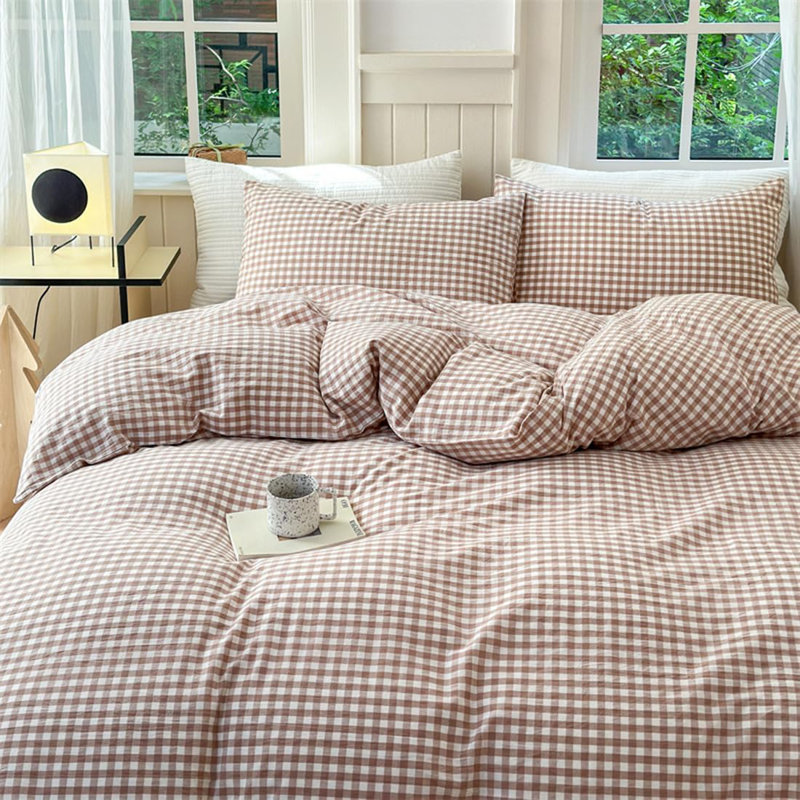 Ensemble de housse de couette 100% coton lavé à carreaux 3 pièces Nayoroom Gingham, Brun