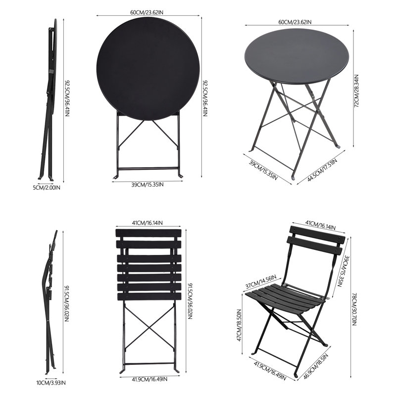 3-Piece Outdoor Folding Bistro Set, Black