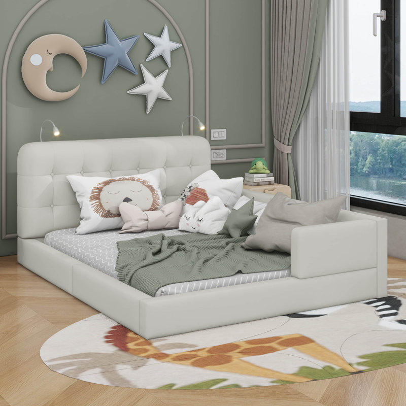 Queen Upholstered Platform Bed With 2 Reading Lights, White