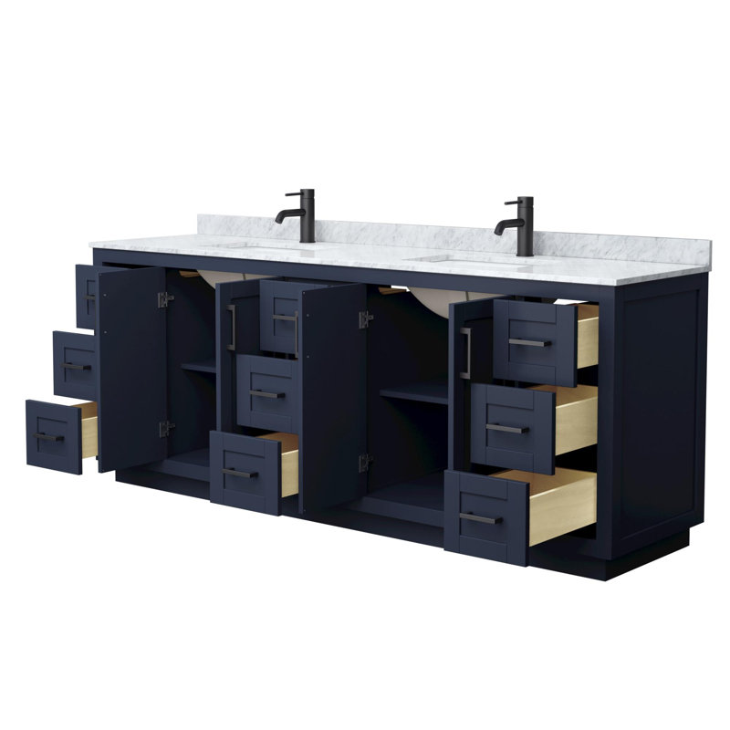 Ensemble de meuble-lavabo double autoportant 84 po avec plateau en marbre Miranda, Bleu très foncé, Noir mat