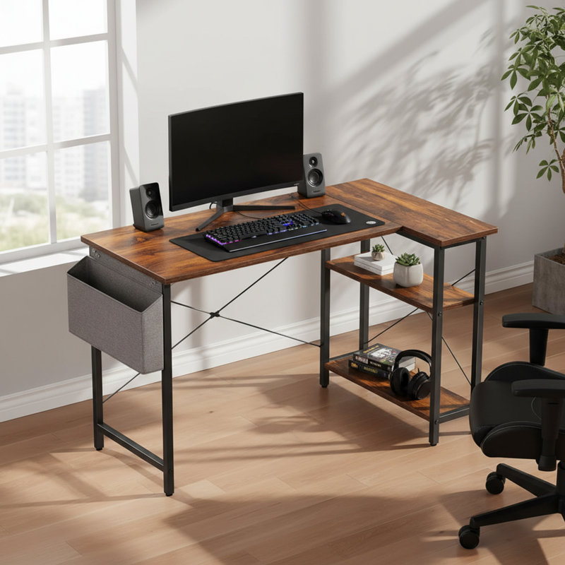 L-Shaped Metal Base Computer Desk, Brown/Black