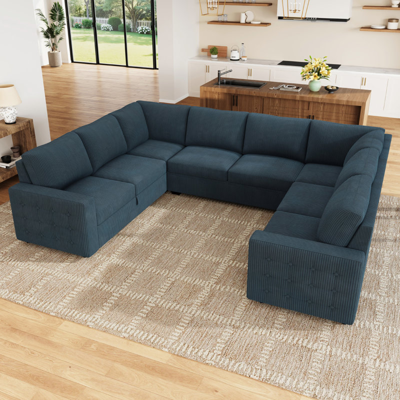 Rundey U-shaped Sleeper Sectional Corduroy Sofa Bed With Storage Space, Blue Corduroy 
