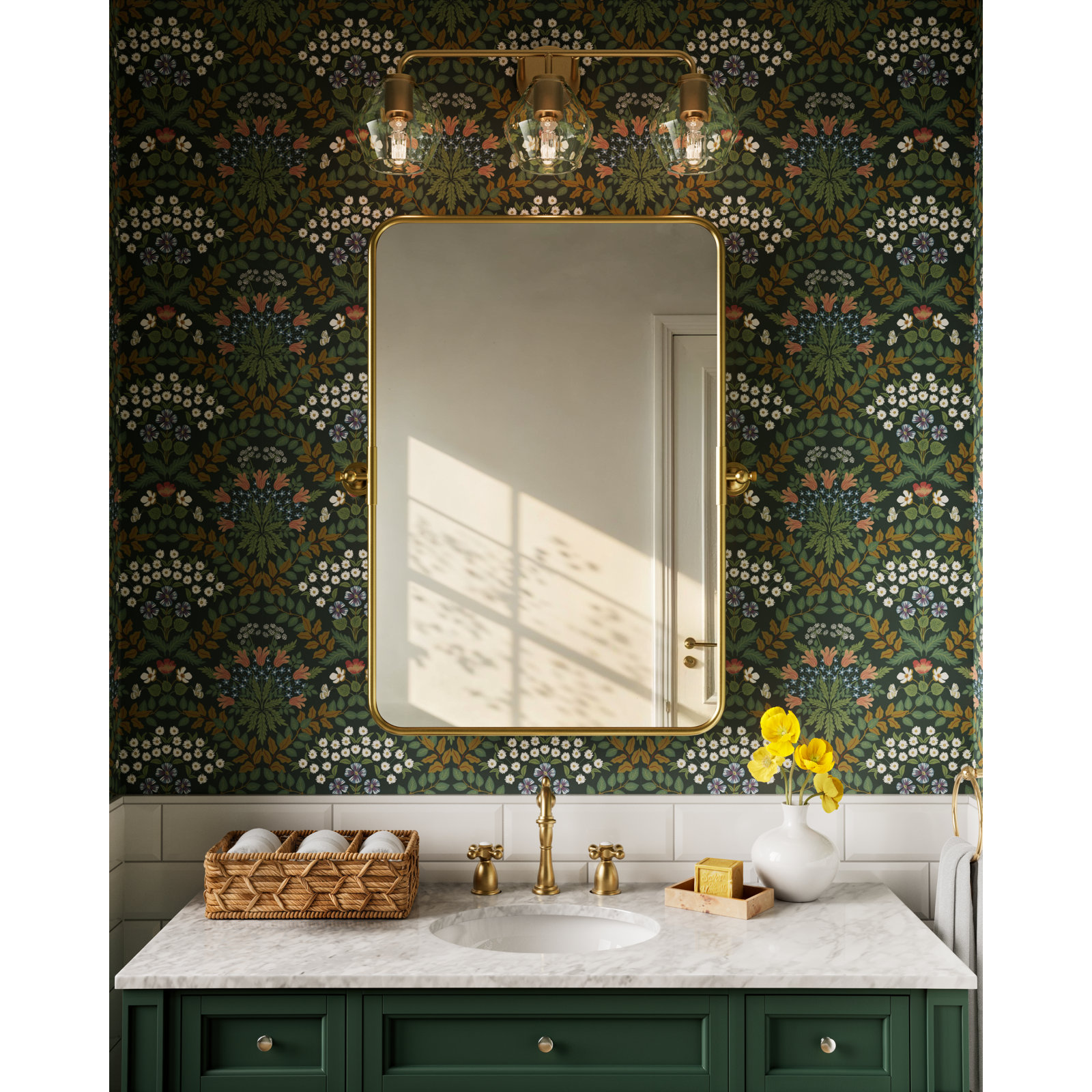 Rooks 3-Light Dimmable Vanity Light, Satin Brass, White