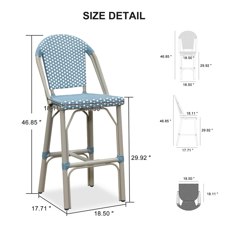Ensemble de 2 tabourets de bar avec dossier en rotin, champagne / bambou, Bleu clair, Champagne