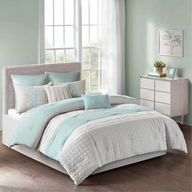 8 Piece Comforter Set Seafoam/Grey Queen