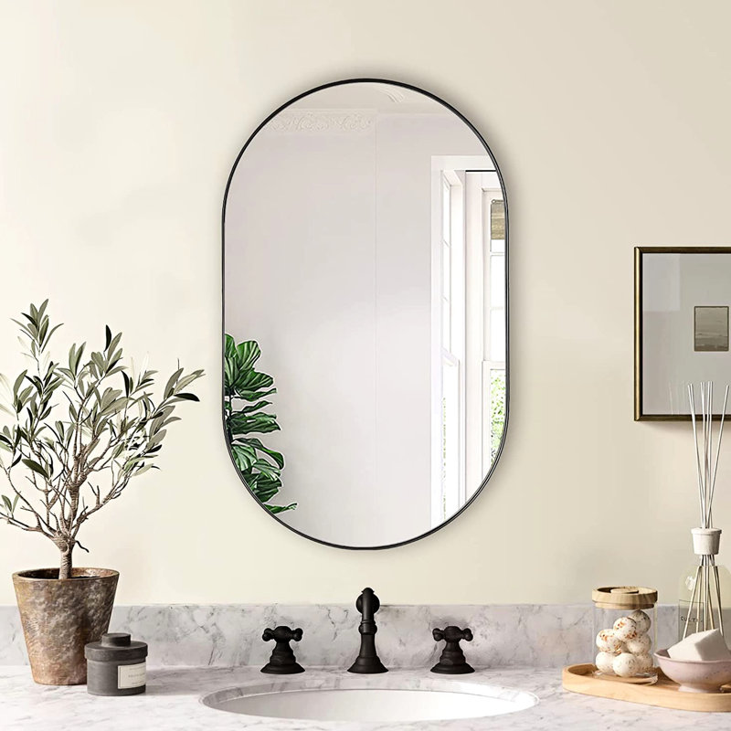 Metal Oval Mirror, Black, 33" H x 20" W