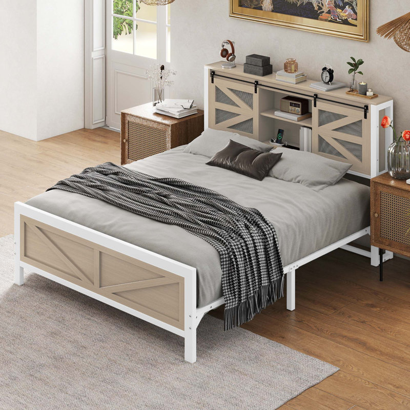 Metal Platform Bed with Bookcase Headboard and LED Lights, Queen, Gray