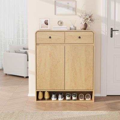 Slim Shoe Storage Cabinet for Entryway, Freestanding Wooden Shoe Organizer with Adjustable Shelves, 2 Drawers, Bottom Shelf, Anti-Tip Design, Rounded Corners, Natural Oak Finish