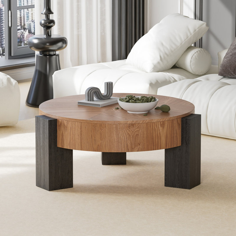 Table basse ronde de 33 po avec rangement caché, table d'appoint moderne en placage de bois Wabi-Sabi, table d'appoint centrale robuste à 3 pieds