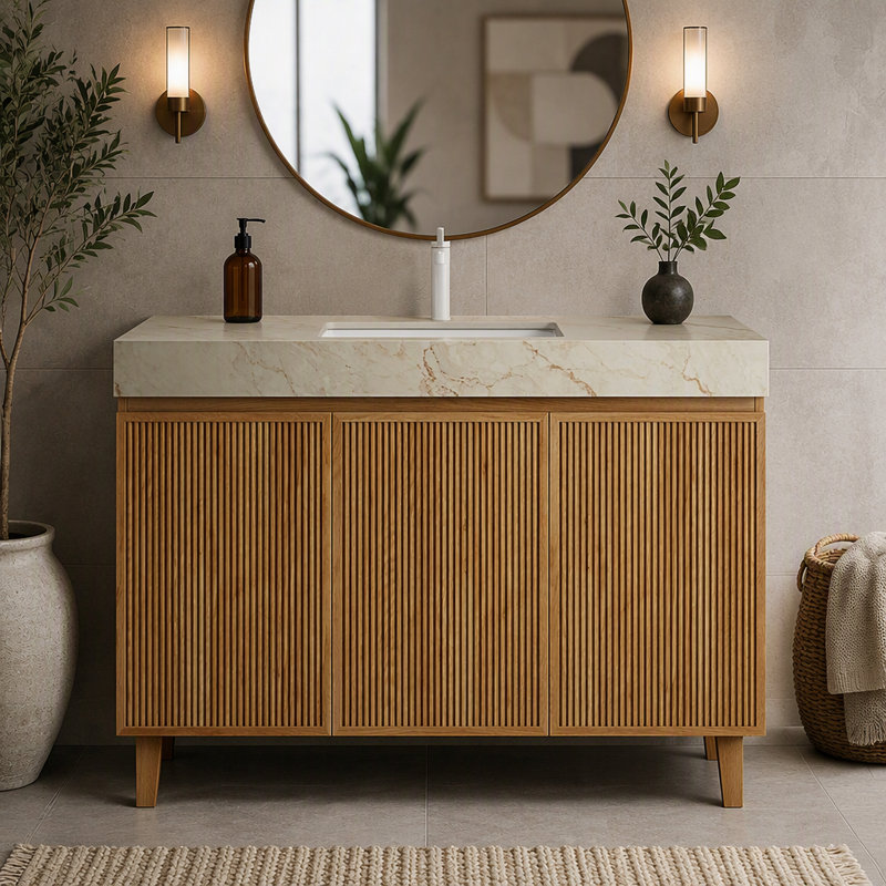 Freestanding Standard With Stone Top, Natural Wood, 36" W