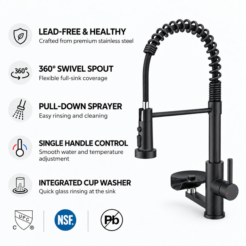 Robinet de cuisine noir mat avec douchette extractible avec joint torique, robinet monocommande en acier inoxydable avec plaque de montage