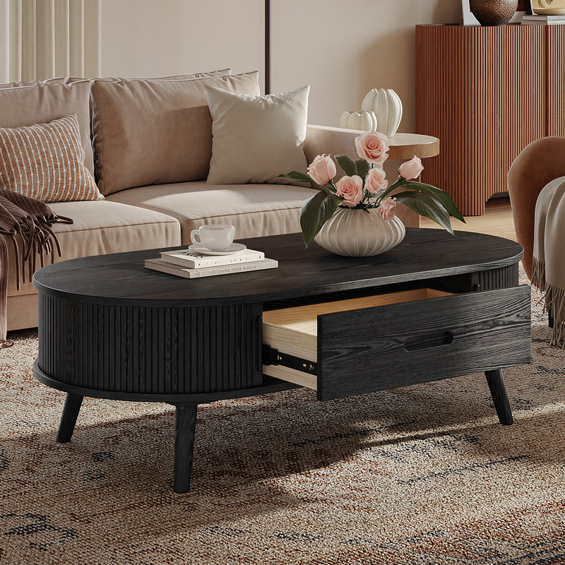 Table basse Hernest en chêne noir de 55 po avec tiroir et pieds en bois massif pour le salon, Black