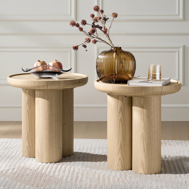 Pendle 19.75"W Modern Round End Table with Oak Finish and Sculptural 3-Leg Base Set of 2, Oak