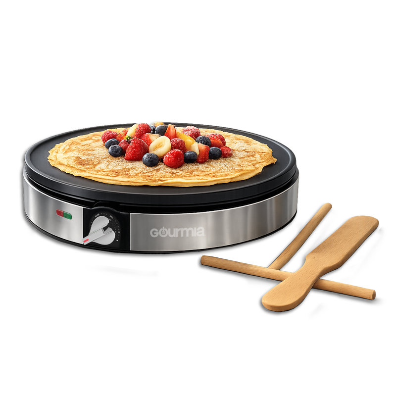 Crêpière électrique Gourmia de 12 po, antiadhésive avec contrôle de la température, voyants lumineux, spatule et épandeur de pâte