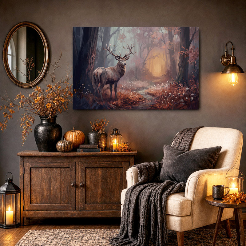 «Brown Stag debout dans une forêt d'automne brumeuse», art mural sur toile, H 18 po x l 24 po