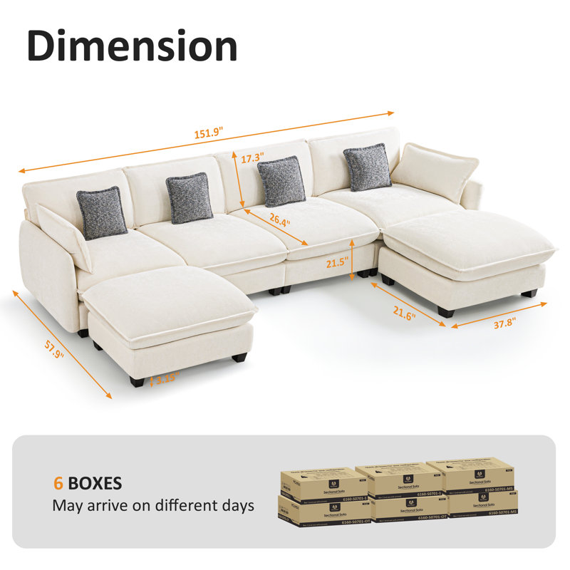 Oversized Modular Sectional Sofa, 4 Seat U shaped Cloud Sectional Couch with 2 Ottomans, Beige Fabric