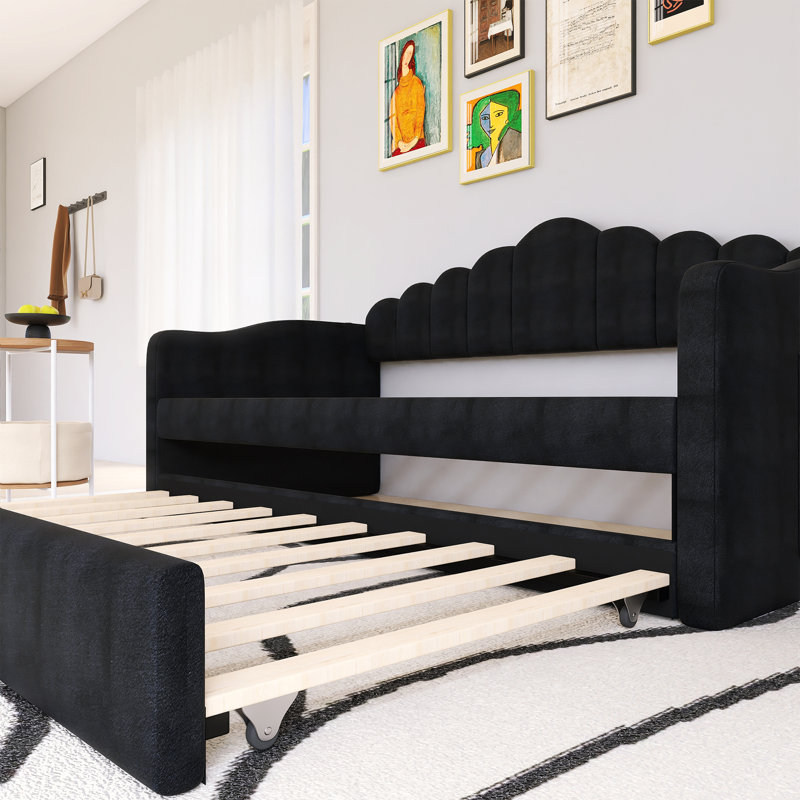 Twin Size Upholstered Daybed With Trundle ,Velvet Sofabed With USB Charging Ports, Black