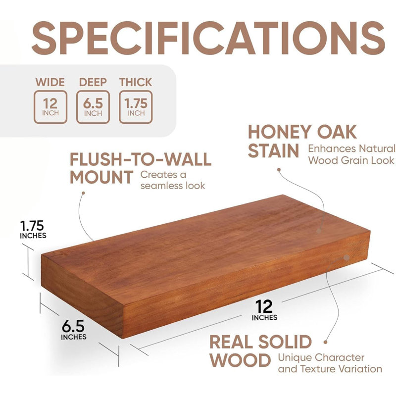 Floating Shelves Set Of 2, Premium Solid Wood Wall Shelves With Heavy Duty Brackets For Bathroom, Living Room, Bedroom, 12 X 6.5 X 1.75 Inches