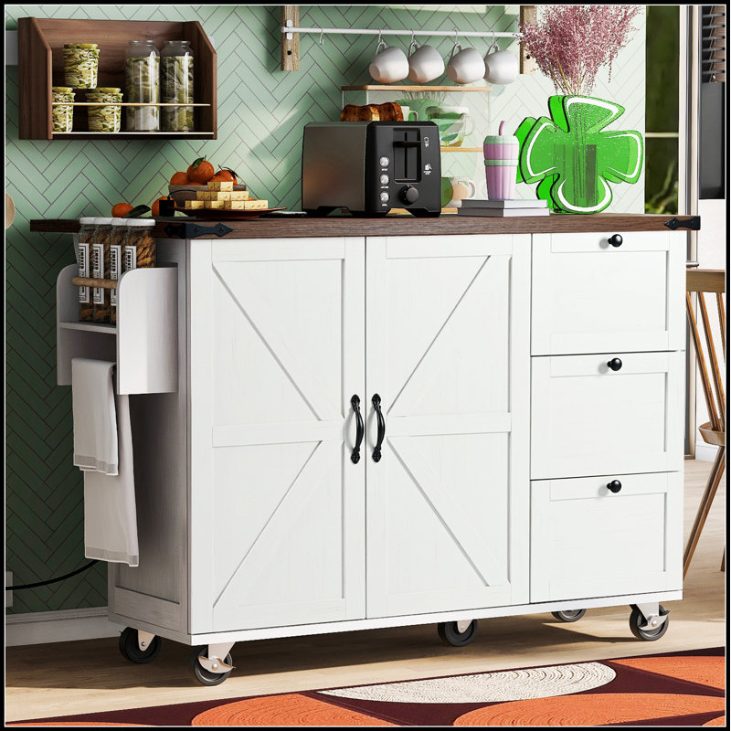 Îlot de cuisine avec prise de courant et rangement interne, abattant extensible pour un espace de cuisson amélioré, Blanc