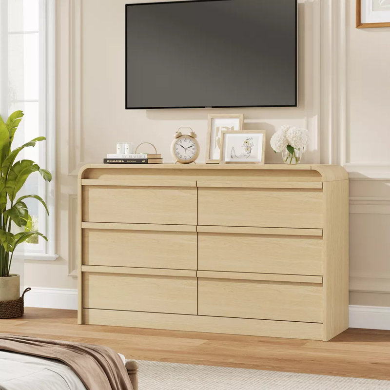 Commode arquée 6 tiroirs blanche, commode de rangement moderne en bois avec design incurvé, Naturel