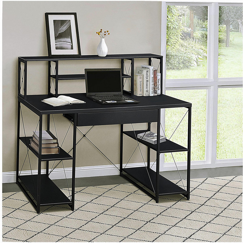 Bureau noir avec tablettes ouvertes et huche, Noir / Noir