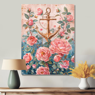 Pink Green Coastal Vintage Anchor Roses II - Coastal Wall Art