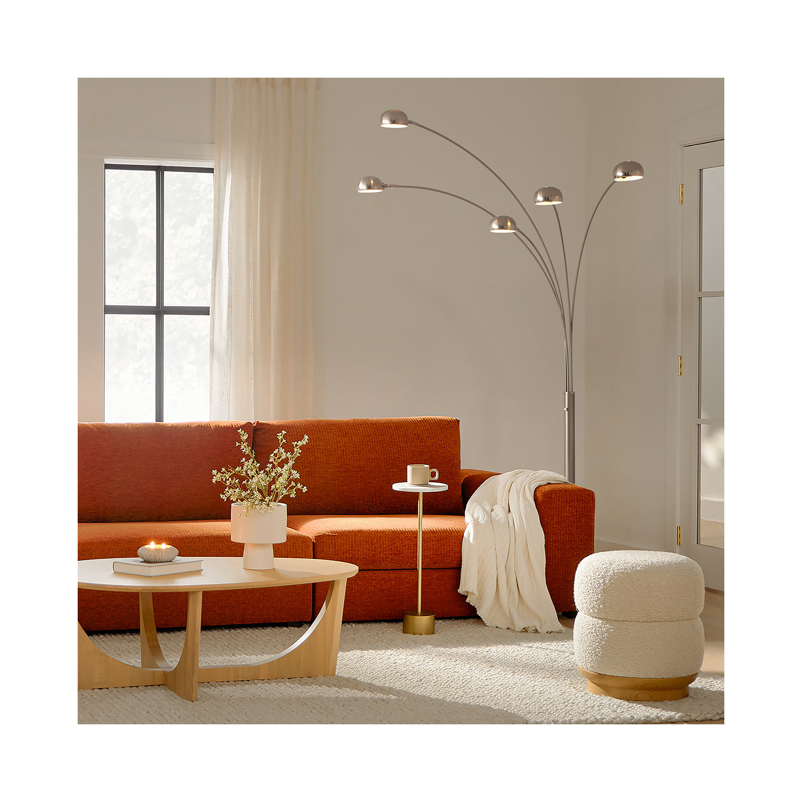 Mushroom 5 Light Arc Floor Lamp - Dimmer switch, Marble base, Satin Nickel