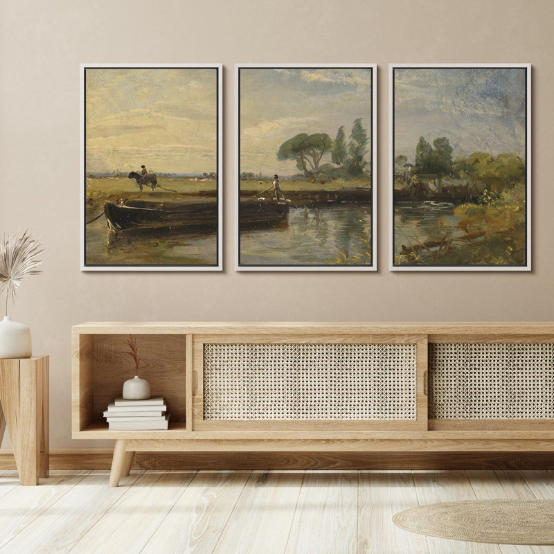Rural Landscape " Riverside Pastoral Scene Rustic Country Life Nature Landscape Illustrations Modern Art Decor Rustic " 3 - Pieces