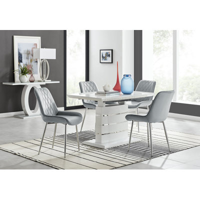 Renne Modern High Gloss Extendable Dining Table Set With 4 Luxury Velvet Dining Chairs