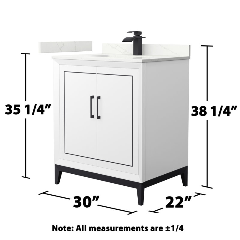 Meuble-lavabo sur pied simple 30 po avec plateau en quartz Marlena, Quartz Giotto, Blanc, Noir mat