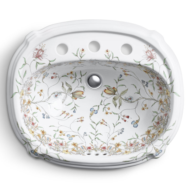 English Trellis Ceramic Oval Drop-In Bathroom Sink with Overflow