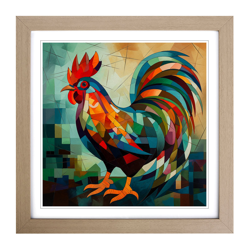 Rooster Cubism - Single Picture Frame Print on Wood, Oak