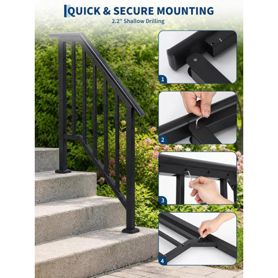 2 mains courantes réglables pour 1 ou 2 marches extérieures, rampe d'escalier en fer forgé avec balustres, noir, 500 lb