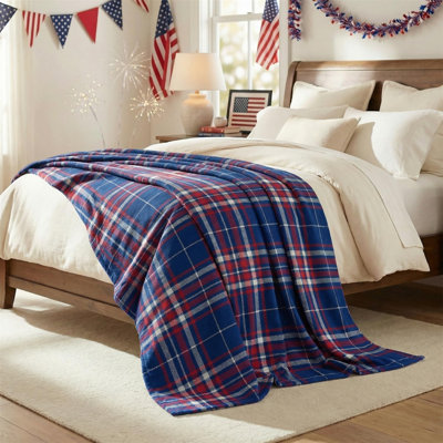 4th of July Flannel Blanket Throw, Blue Buffalo Plaid Independence Day Memorial Day Soft Fuzzy Plush Cozy Fleece Blankets for Couch Sofa Bed Decor, Ideal Gifts for Adults 50x60