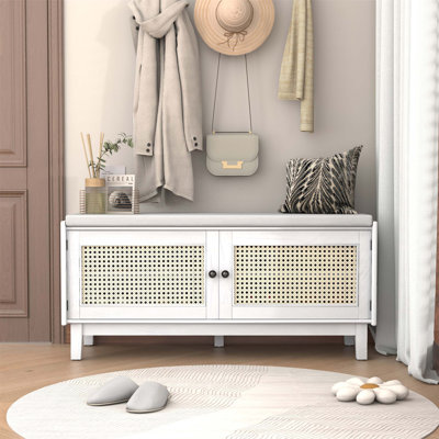 Banc de hall d'entrée en rotin de style bohémien avec rangement, sièges rembourrés et repose-pieds réglables pour les couloirs