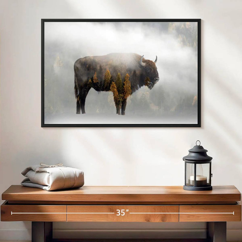 Pine Forest Bison, 25" X 17", Floating Frame Black