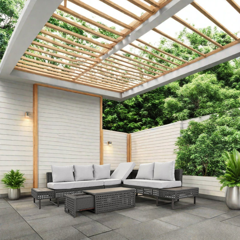 Outdoor Patio Sofa Set With Adjustable Reclining Backrest, Extendable Coffee Table With Ice Bucket, And Plush Cushions Weather-Resistant Wicker Sectional Sofa For Garden