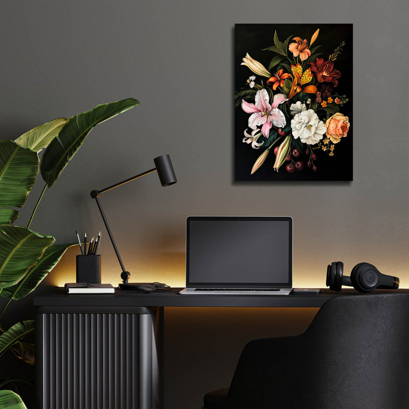 Art mural en verre Fleurs en fond noir 1 'par Momart, H 16 po x l 12 po x P 0,13 po
