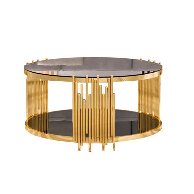 Tionah 35.4" W x 17.7" H 2-Tier Round Tempered Glass Top Coffee Table, Deluxe Gold Stainless Legs Sofa Table