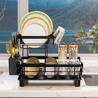 2-Tier Dish Drying Rack With Drainboard - Rustproof Metal Rack For Kitchen Counter With Cutlery & Cup Holders
