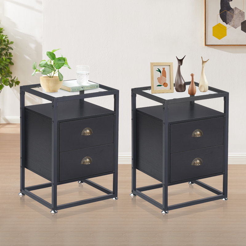 Ensemble de tables de bout à 2 tiroirs avec rangement en verre, Noir