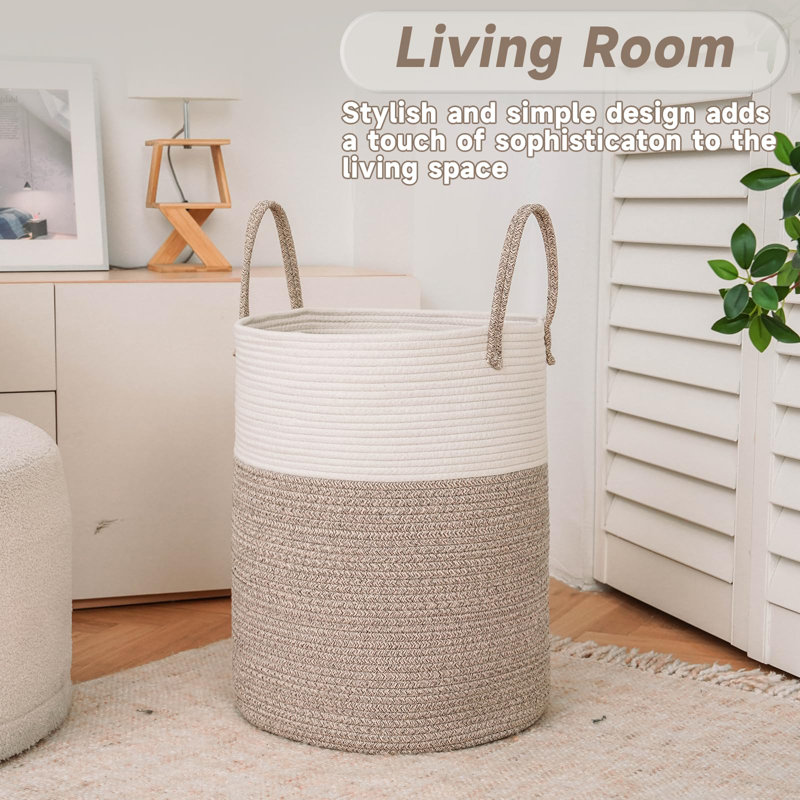 Large Woven Laundry Basket Hamper,60L Cotton Rope Storage Bin For Blankets,Toys And Clothes,Decorative Tall Nursery Hamper,Brown