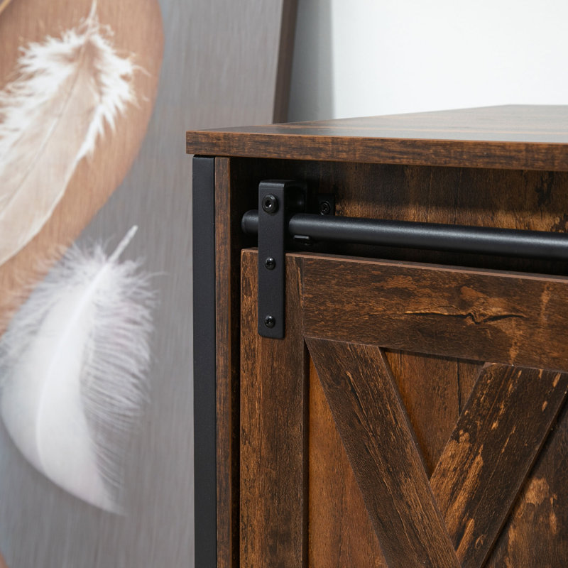 Meuble télé Gracie Oaks pour téléviseur de 60 po ou moins, console de télévision avec rangement et 2 portes de grange coulissantes, unité de divertissement autoportante pour le salon, brun